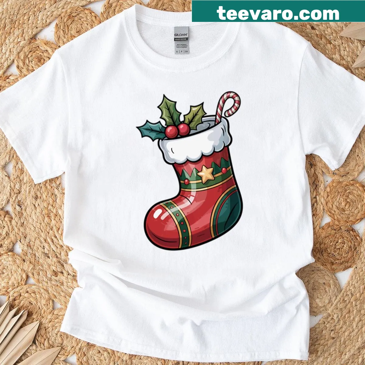 T-shirt featuring a cheerful graphic of a Christmas stocking — on a men's t-shirt