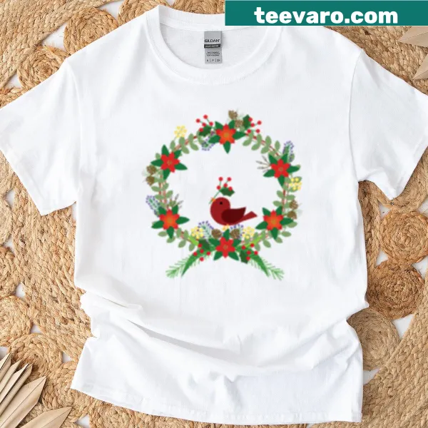 T-shirt featuring a festive Christmas wreath illustration