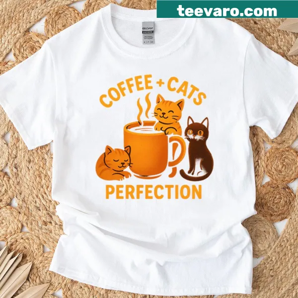 Shirt celebrating coffee and cats in a cozy illustration