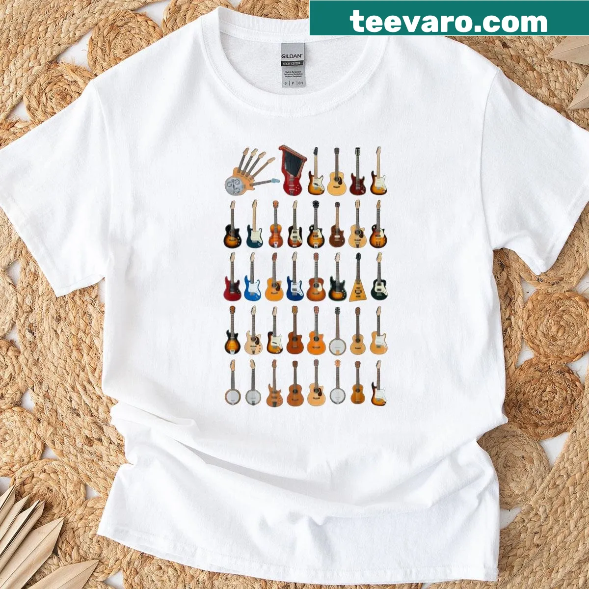 Graphic tee featuring a collection of colorful guitars — on a men's t-shirt