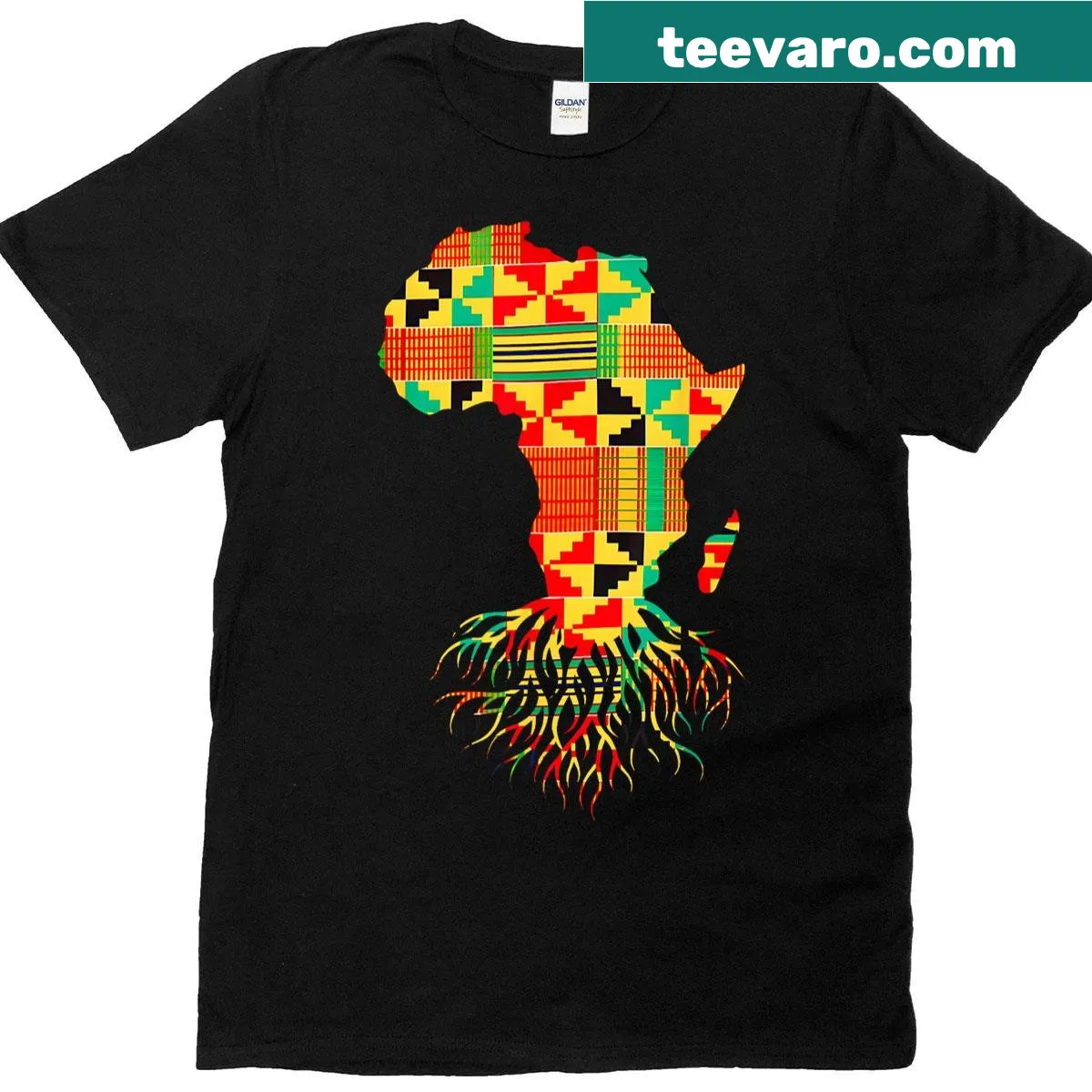Africa map graphic with Kente cloth design on a T-shirt — on a men's t-shirt