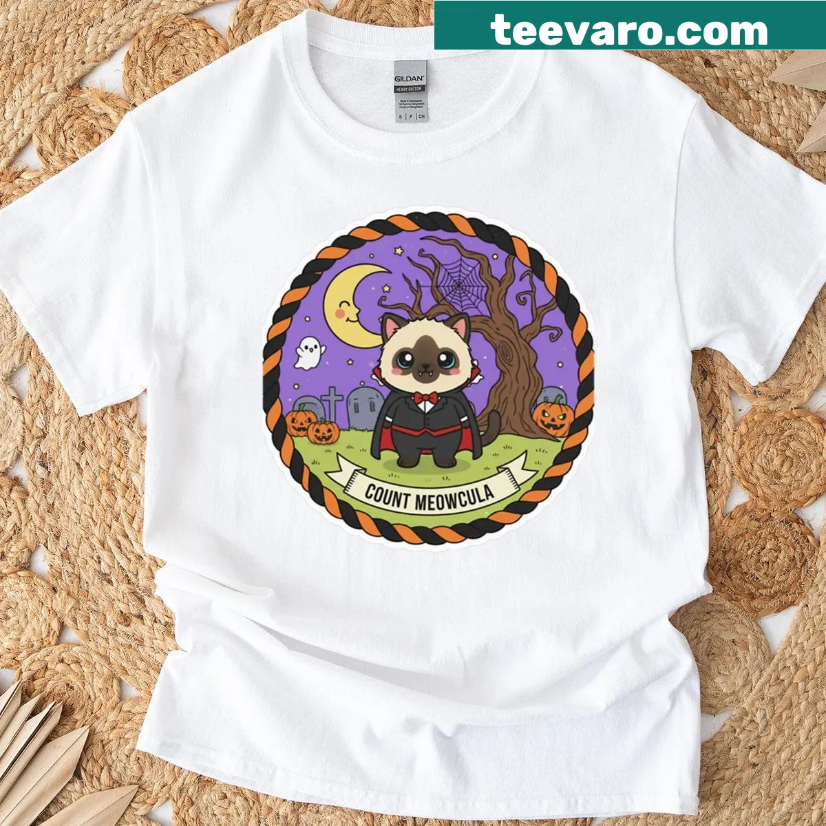 Whimsical Halloween cats with potions graphic t-shirt design — on a men's t-shirt