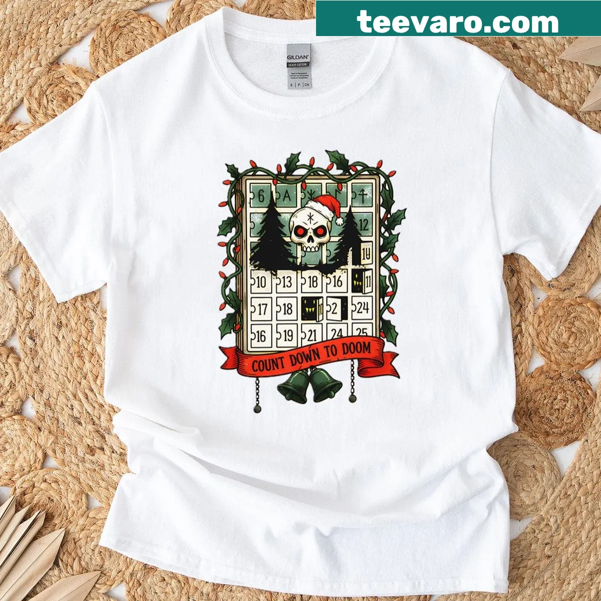 Skull design T-shirt featuring an advent calendar theme for Christmas. — on a men's t-shirt