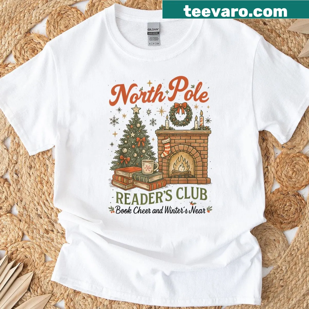 Illustration of a cozy fireplace with books for book lovers — on a men's t-shirt