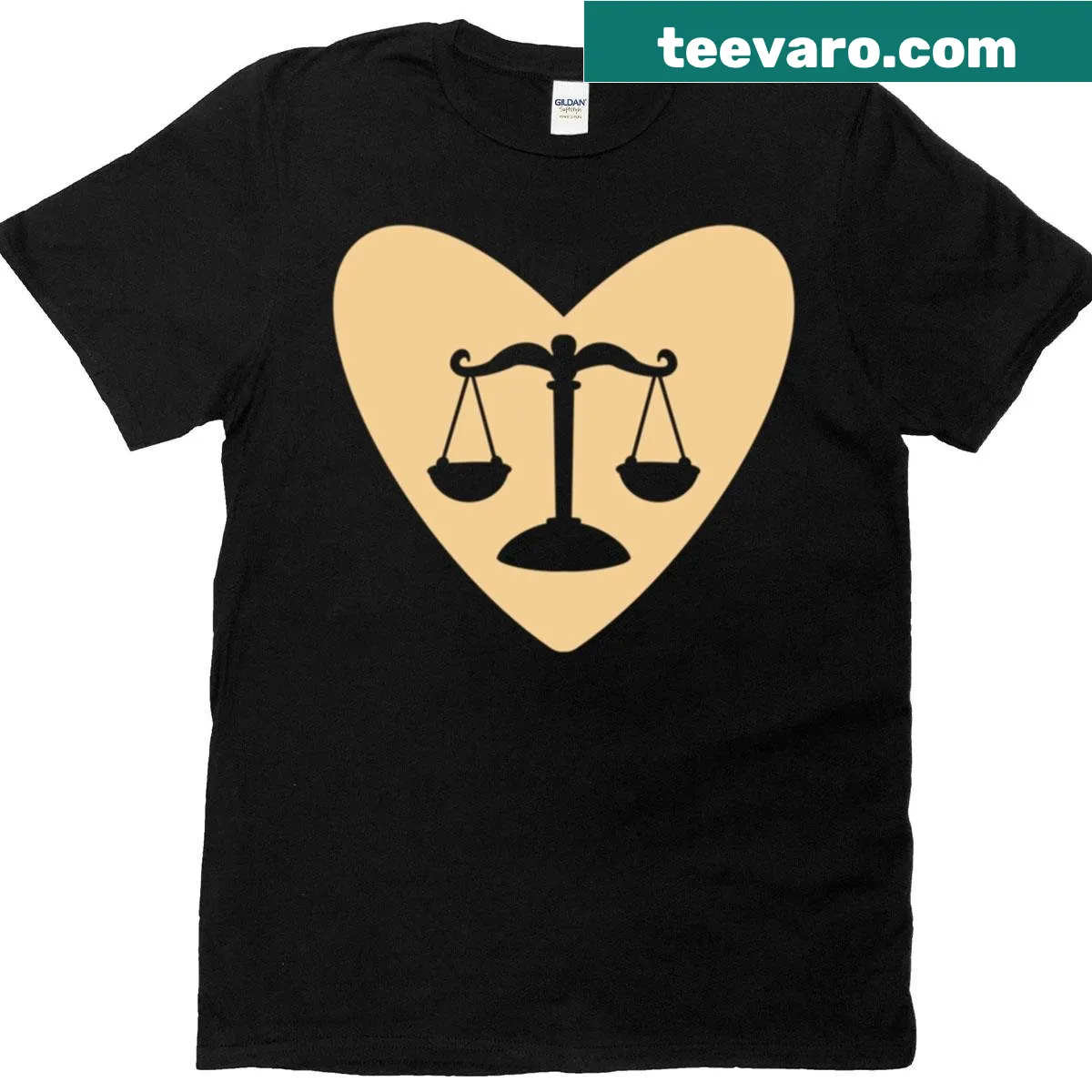 Vintage-style T-shirt with heart and scales of justice graphic — on a men's t-shirt