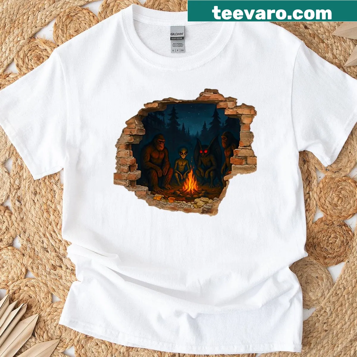 3D hole illusion campfire shirt featuring cryptid creatures — on a men's t-shirt