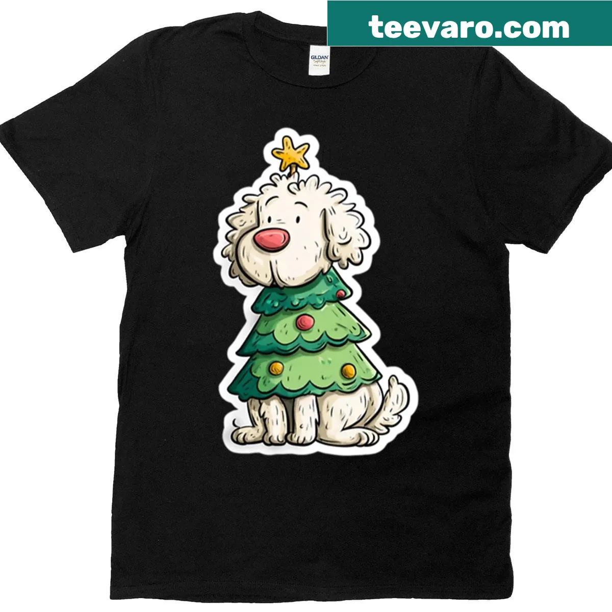 Cartoon curly-haired dog beside a Christmas tree — on a men's t-shirt