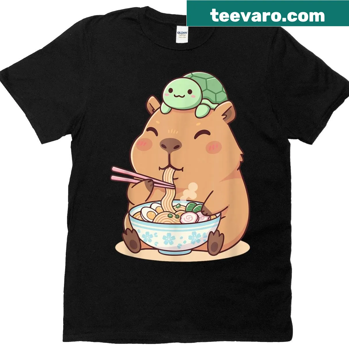 Kawaii graphic T-shirt featuring a cute capybara enjoying ramen. — on a men's t-shirt