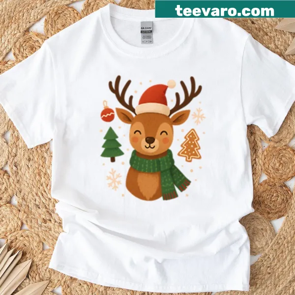 Cute Christmas Reindeer T-shirt with green scarf illustration