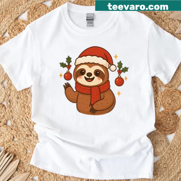 Sloth in a Santa hat illustrated on an oversized Christmas shirt