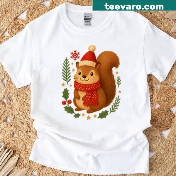 Cute Christmas squirrel wearing a red scarf illustration on a T-shirt