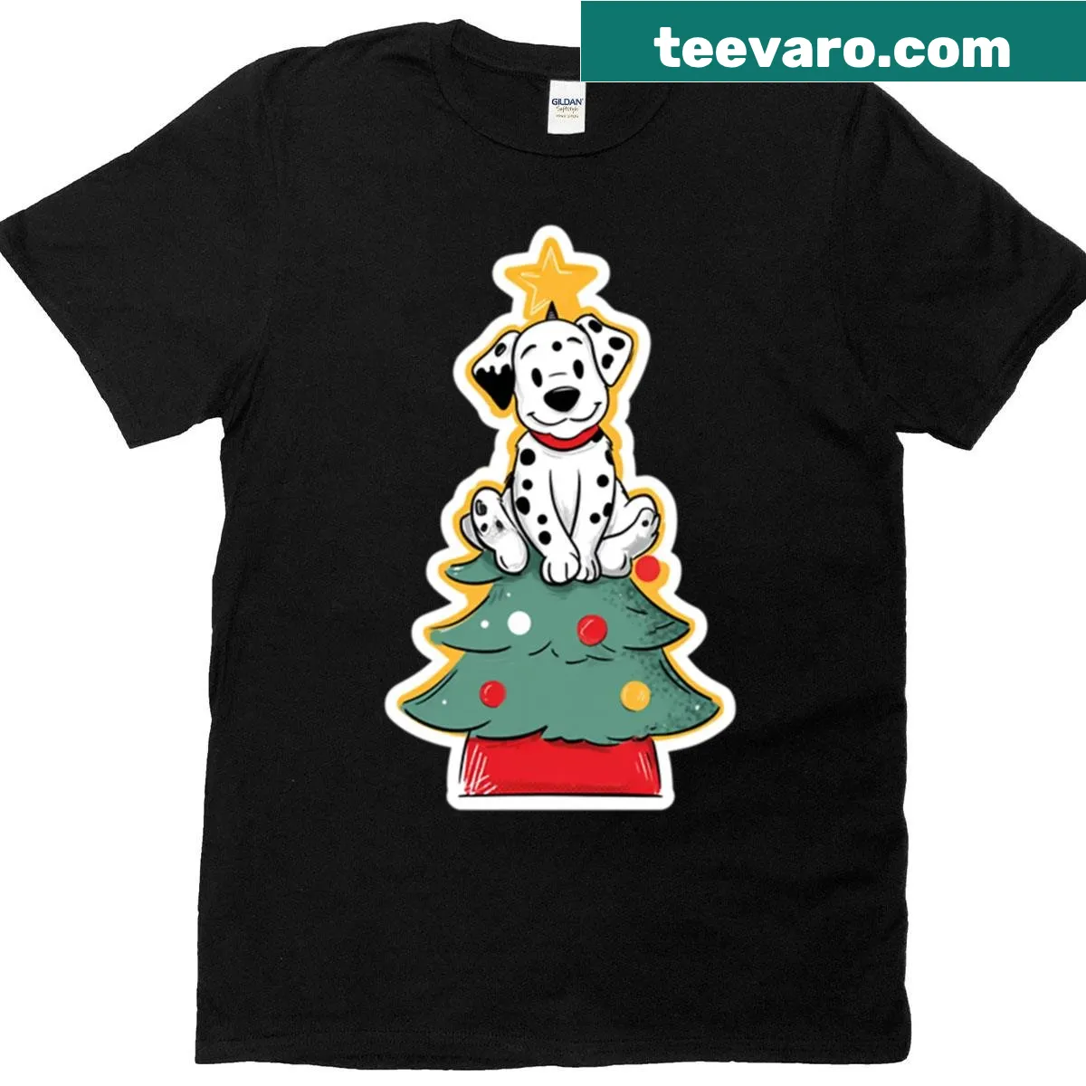 Cartoon Dalmatian dog on a Christmas tree in a playful design — on a men's t-shirt