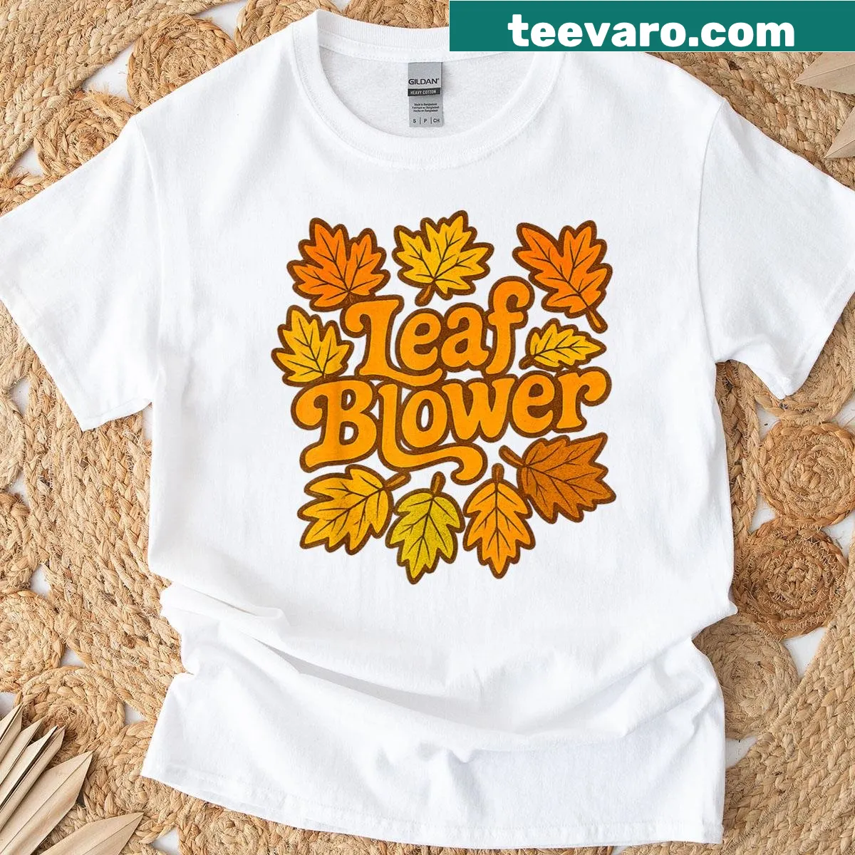 Playful retro leaf blower t-shirt for fall cleanup. — on a men's t-shirt