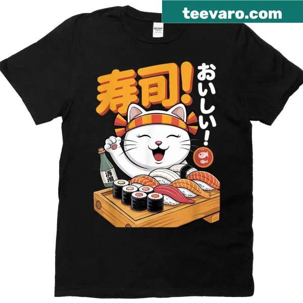 Adorable kawaii cat dressed as a sushi chef in a cartoon design
