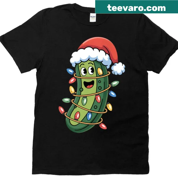 Cute pickle wearing Santa hat with Christmas lights design