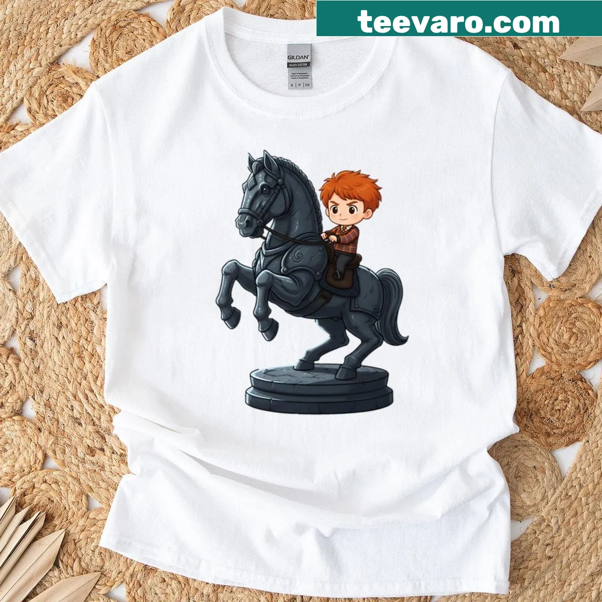 Chibi-style T-shirt with a red-haired boy riding a stone horse statue — on a men's t-shirt