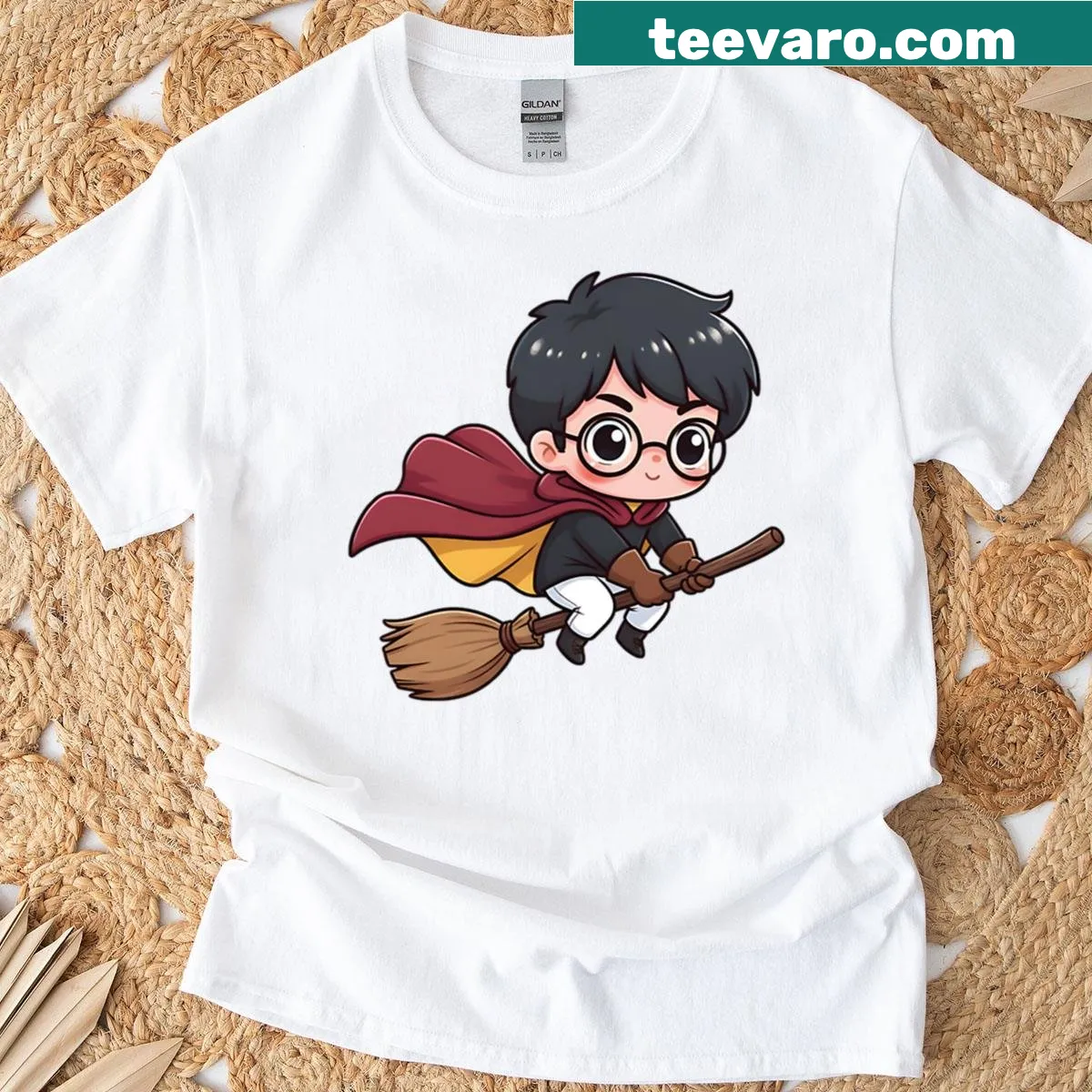 Chibi wizard flying on a broom illustrated t-shirt for kids — on a men's t-shirt