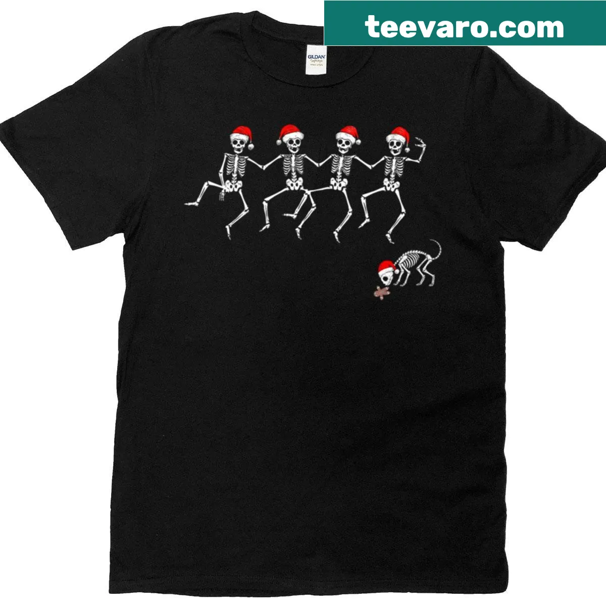 Funny Christmas t-shirt with dancing skeletons in Santa hats — on a men's t-shirt