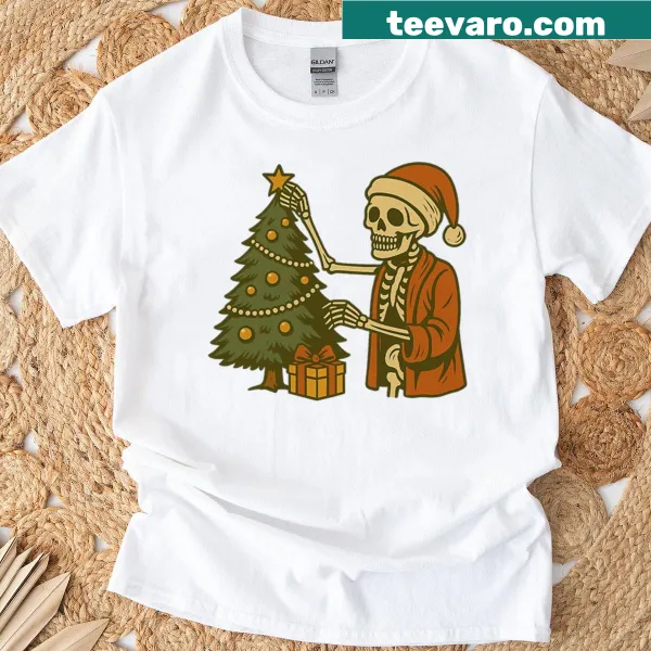 Holiday T-shirt featuring the phrase 'Dead But Decorating' in fun typography