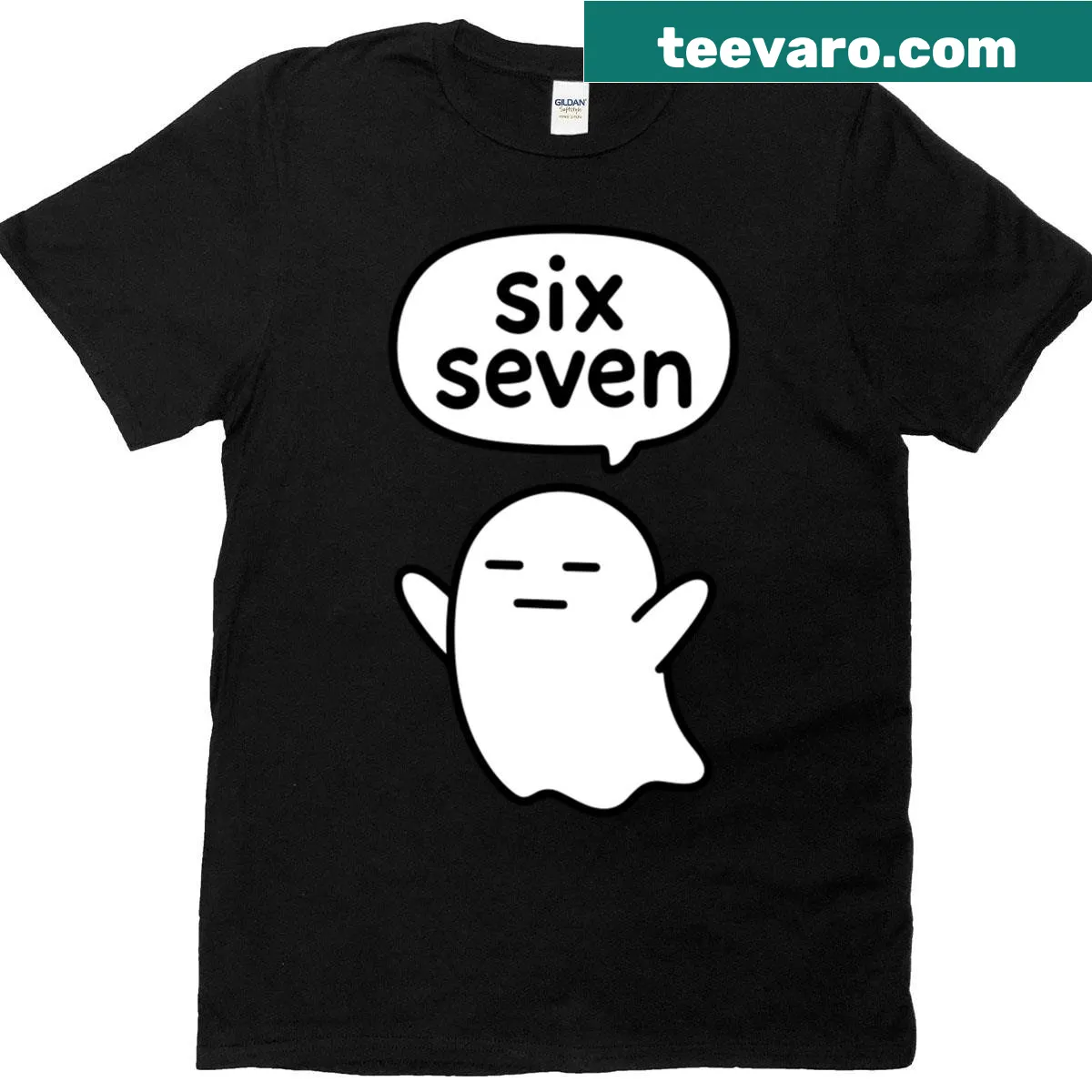 Funny T-shirt with cartoon deadpan ghost and humorous text — on a men's t-shirt