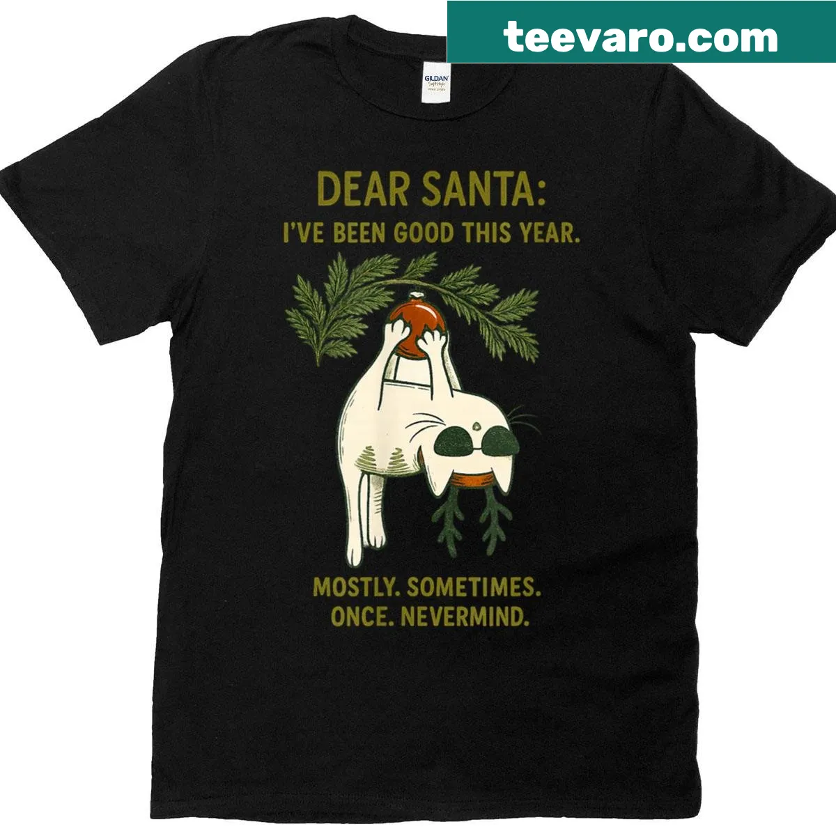 Humorous cartoon of a cat writing to Santa on a t-shirt — on a men's t-shirt