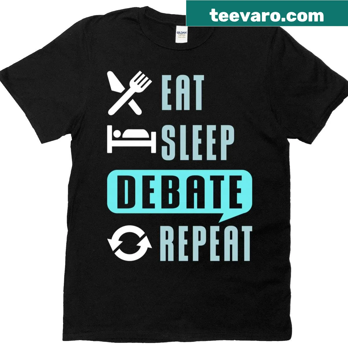 Eat Sleep Debate graphic T-shirt for debaters and students — on a men's t-shirt