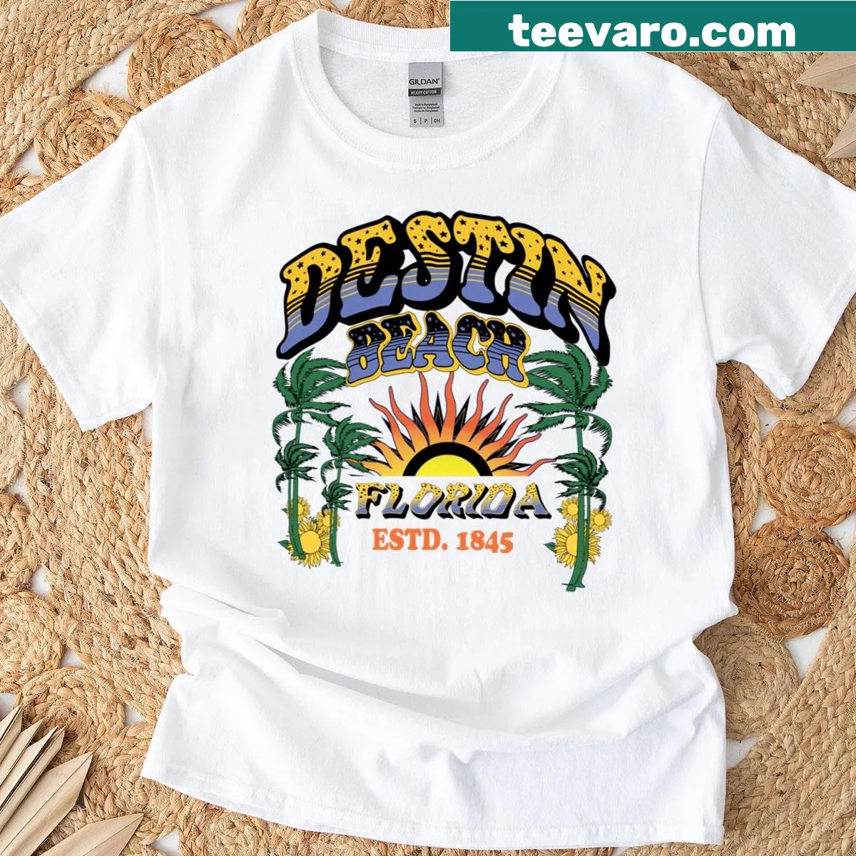 Retro beach vacation t-shirt with a surf theme and sunset motif — on a men's t-shirt