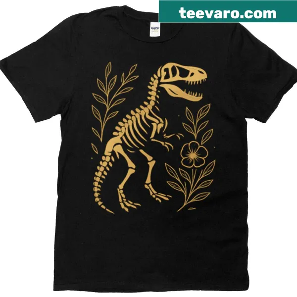 Minimalist line-art t-shirt featuring a dino skeleton and botanicals