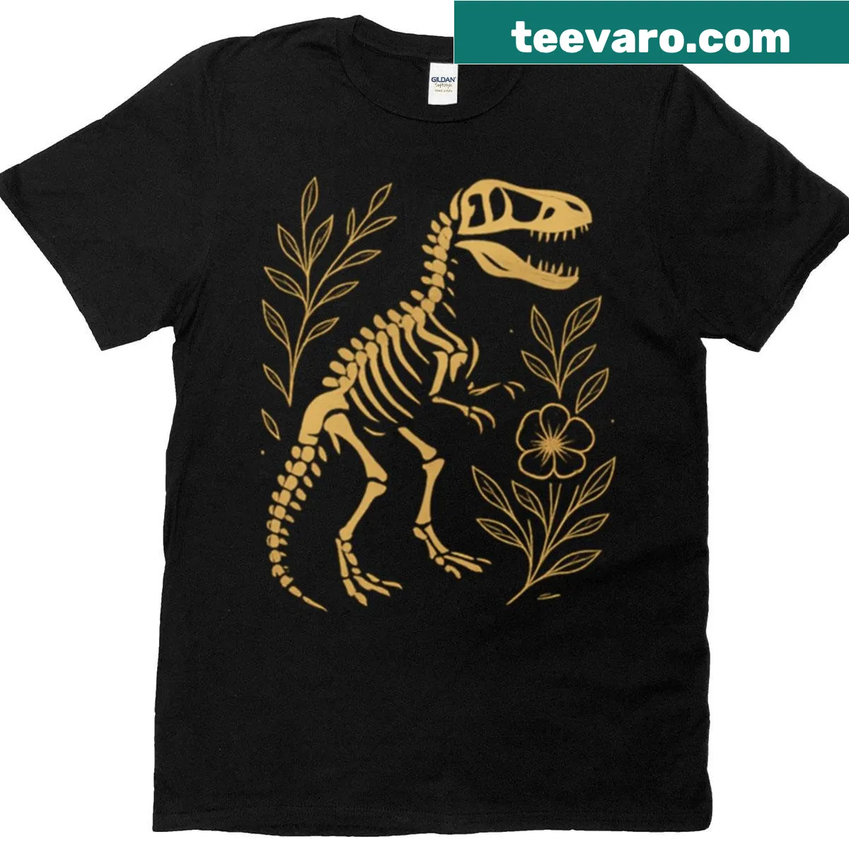 Minimalist line-art t-shirt featuring a dino skeleton and botanicals — on a men's t-shirt