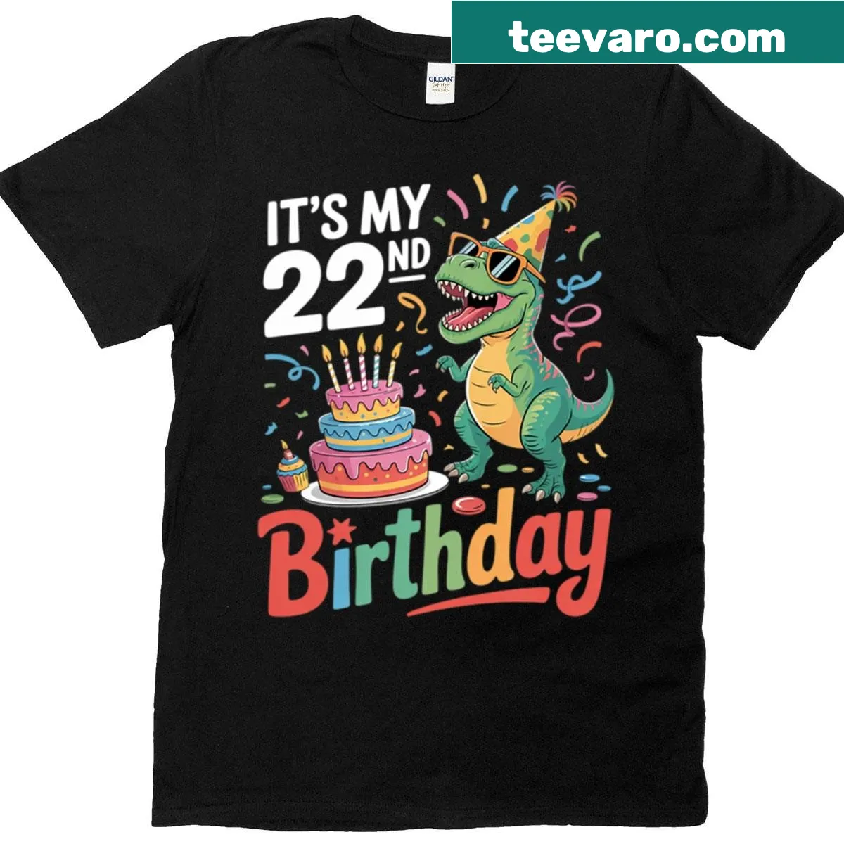 Dinosaur illustration with cake for a birthday T-shirt — on a men's t-shirt