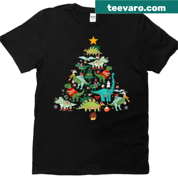 Kids Christmas T-shirt with dinosaurs and festive tree design