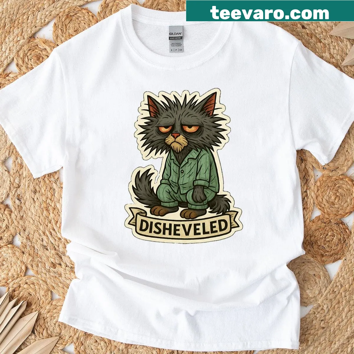 Exhausted pajama cat graphic t-shirt — on a men's t-shirt