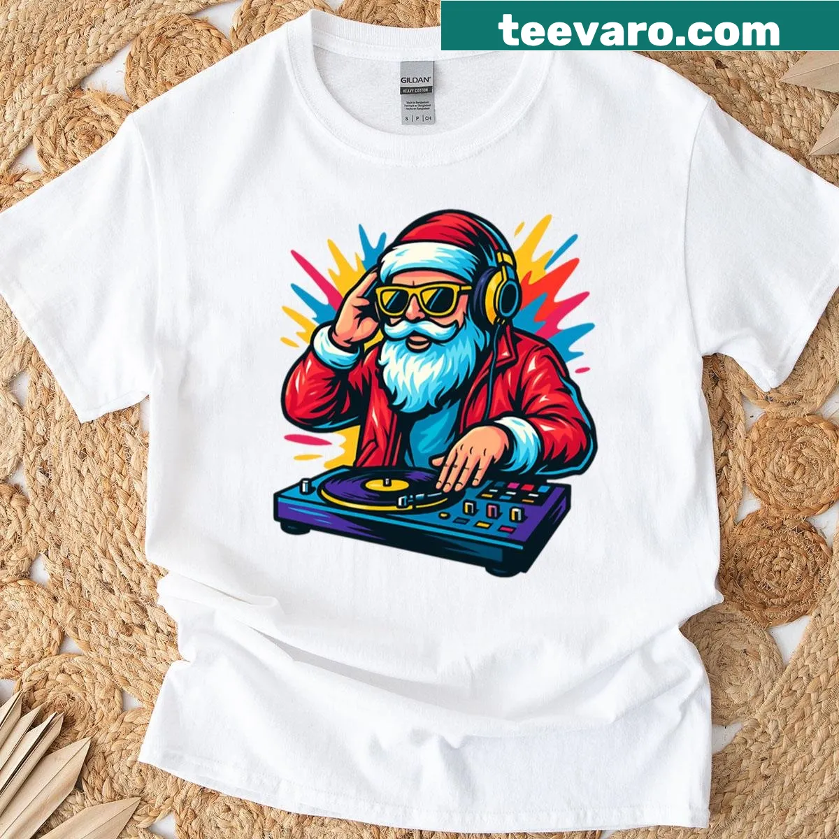DJ Santa mixing Christmas beats in a fun illustration — on a men's t-shirt