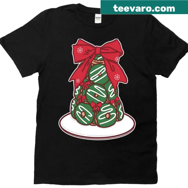 Illustrated T-shirt featuring a donut Christmas tree tower with a red ribbon