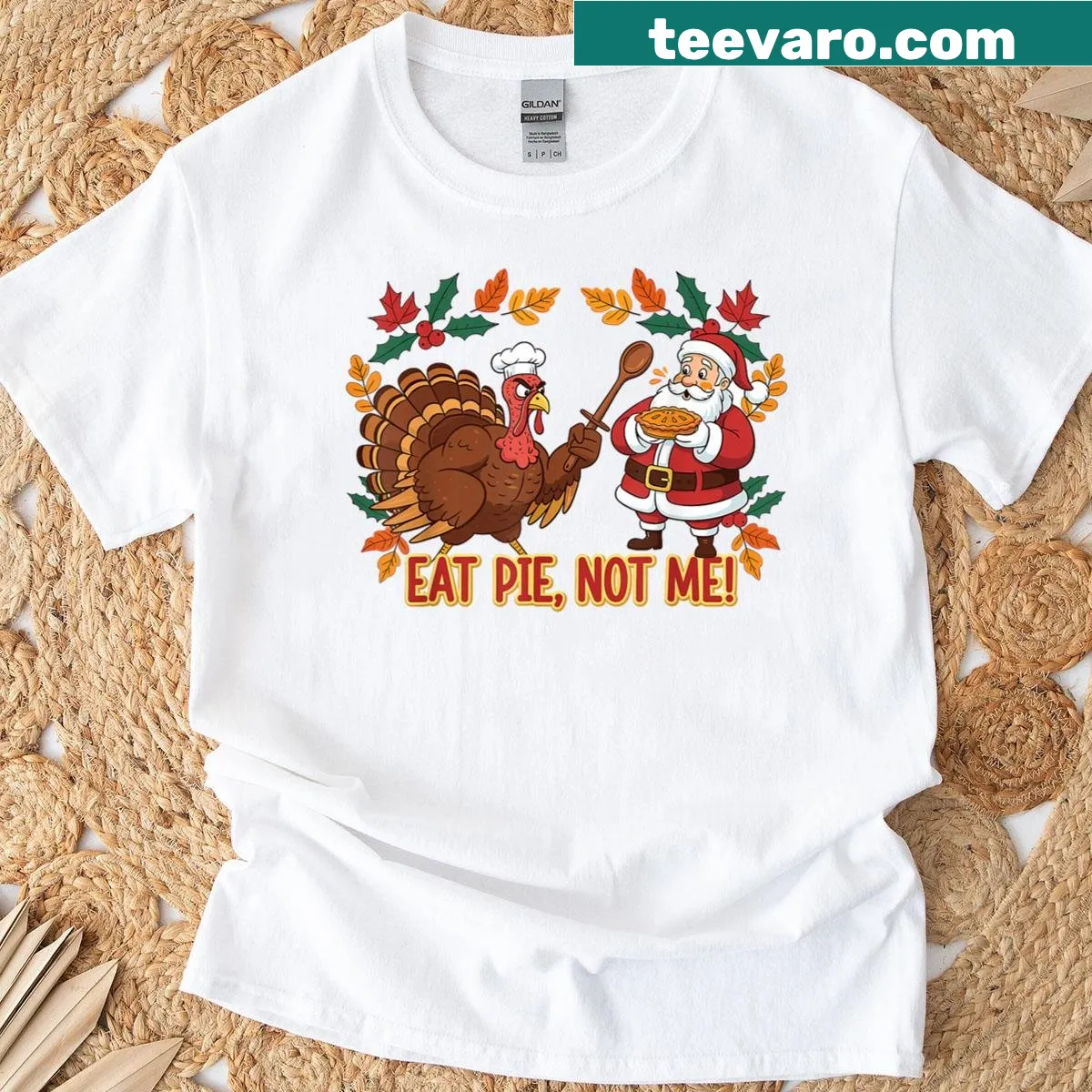 Funny holiday t-shirt with turkey and Santa mashup design — on a men's t-shirt