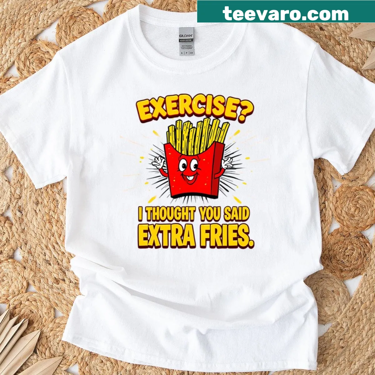 Funny food fitness pun t-shirt with fries saying — on a men's t-shirt