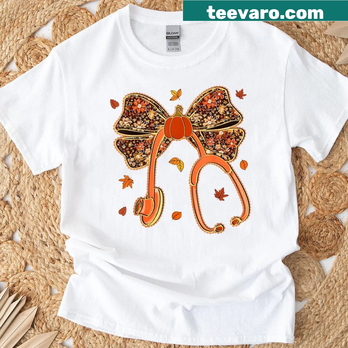 Illustrated Thanksgiving-themed shirt with stethoscope, pumpkin, and turkey — on a men's t-shirt