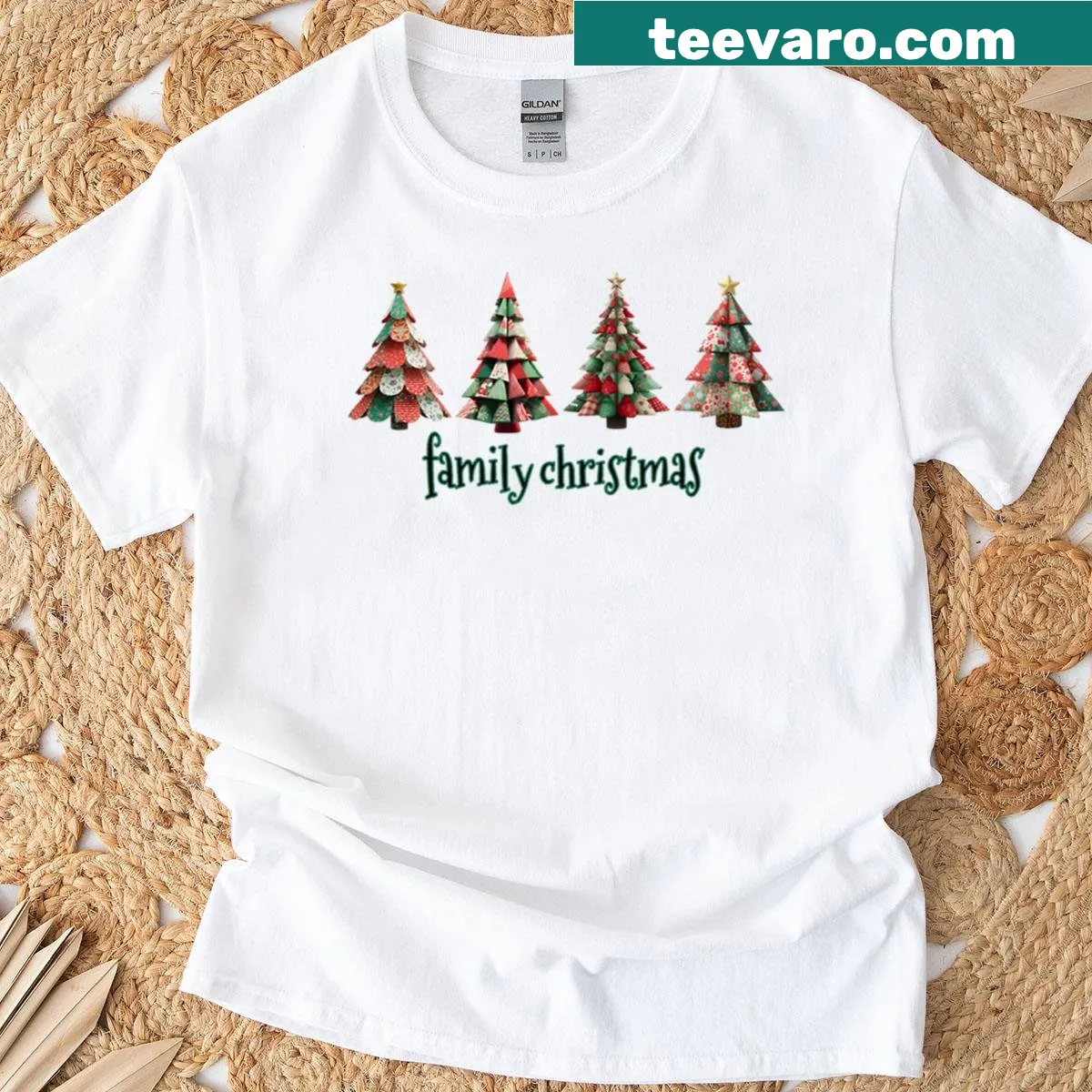 Oversized family t-shirt featuring patchwork Christmas trees design — on a men's t-shirt