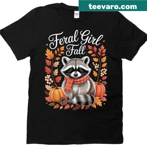 Cozy autumn t-shirt featuring a raccoon in a plaid scarf