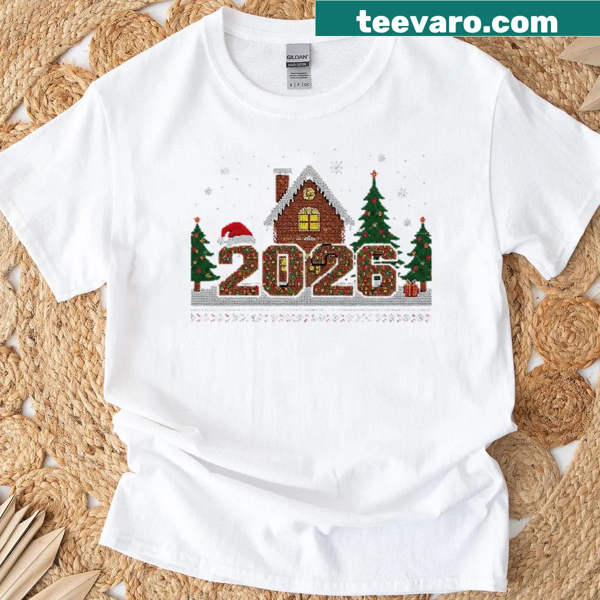 Pixel art gingerbread house with Santa hat and Christmas trees — on a men's t-shirt