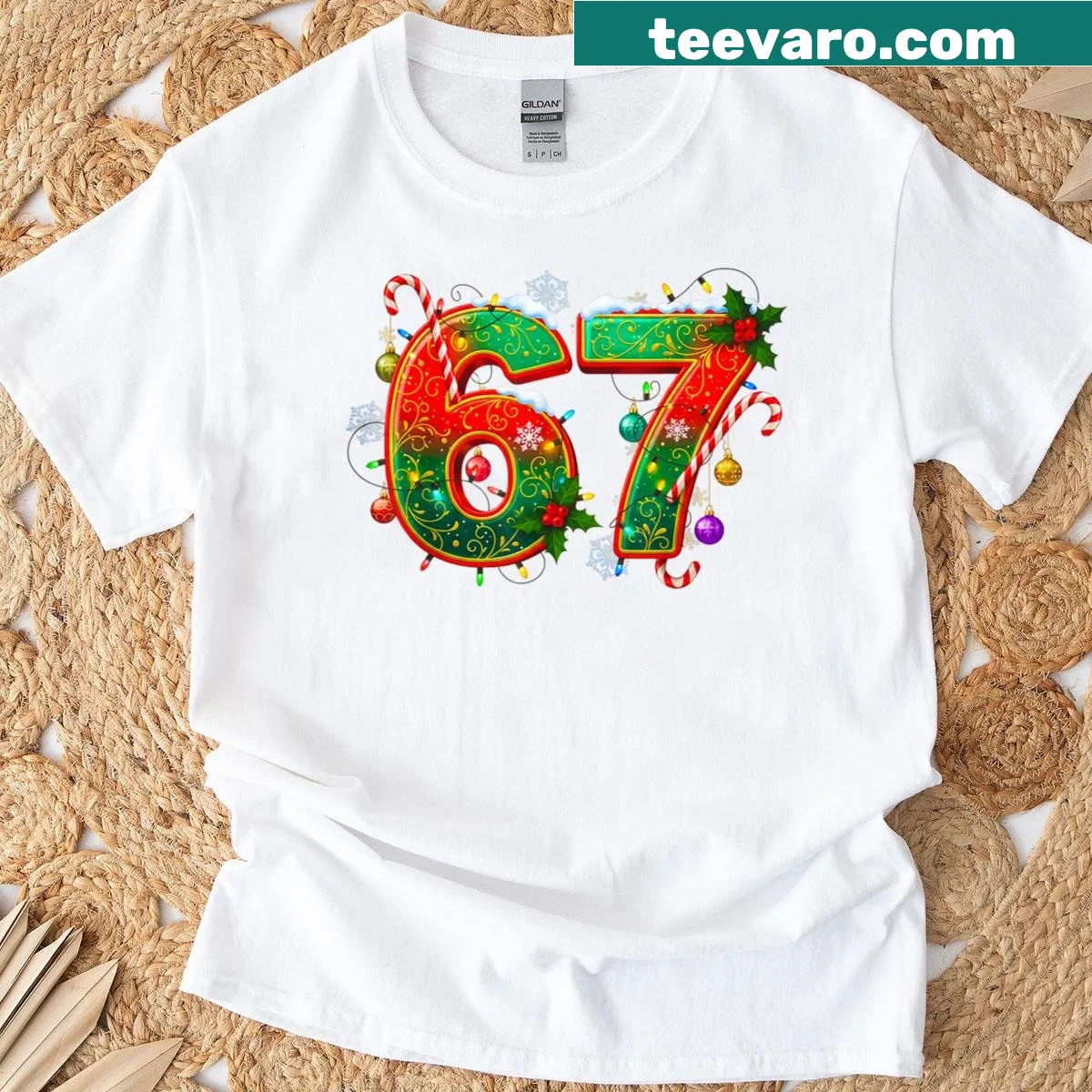 Festive Christmas lights and candy canes graphic T-shirt — on a men's t-shirt