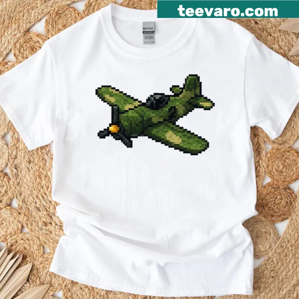 Retro 8-bit fighter plane pixel art t-shirt
