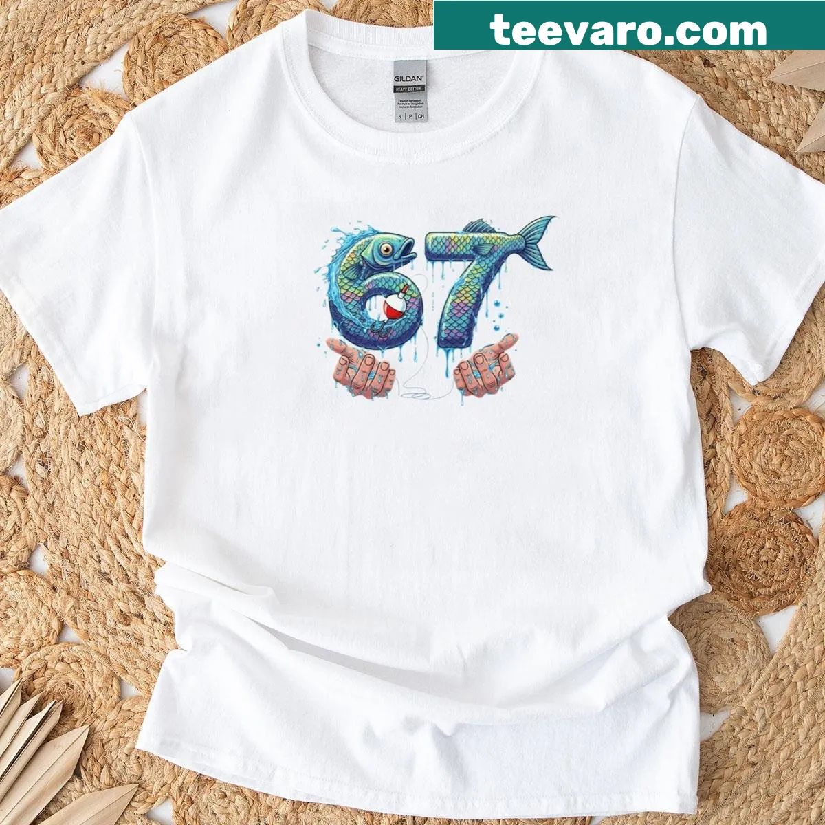 Funny t-shirt featuring 'Fishing 67' meme design for Gen Alpha — on a men's t-shirt