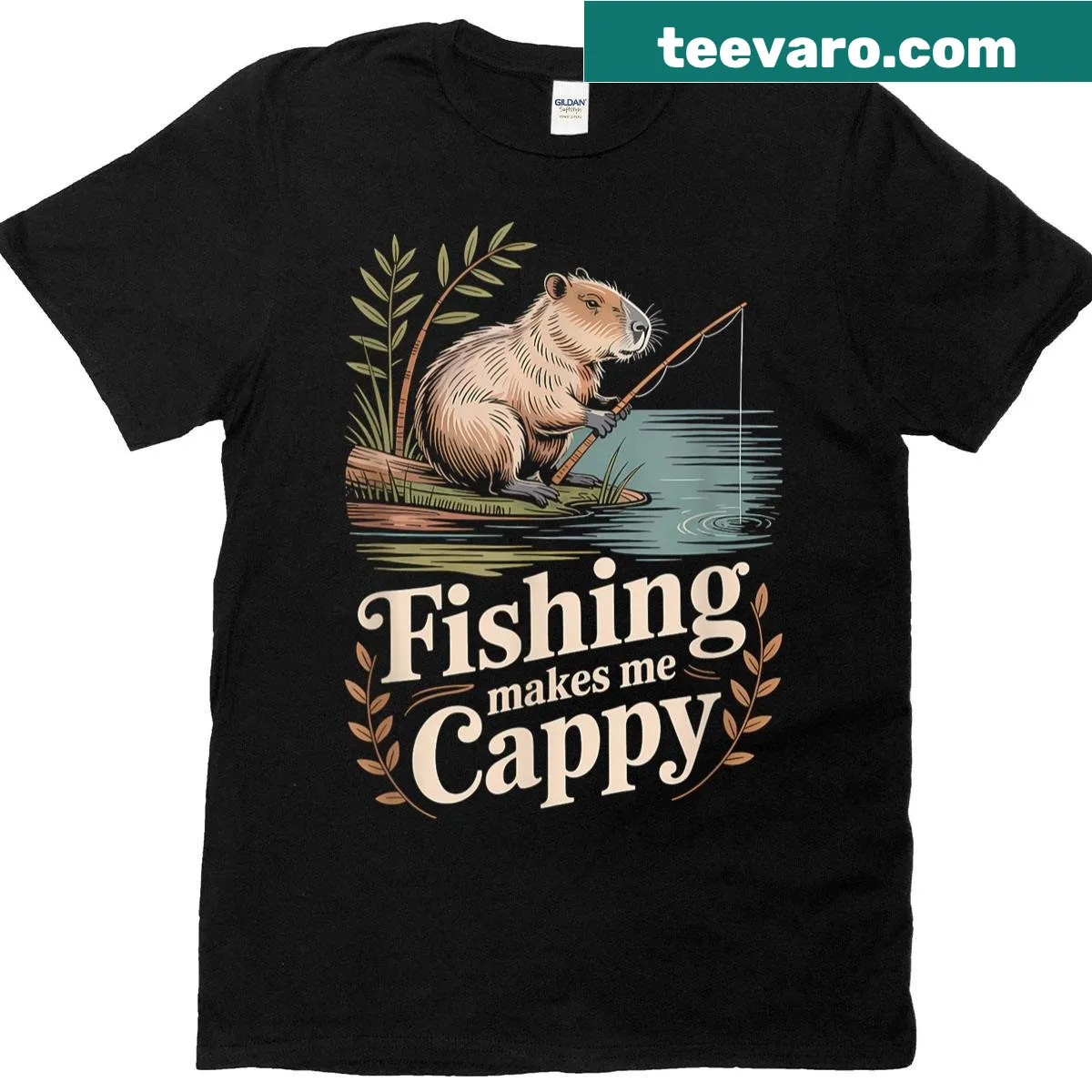 Playful fishing-themed text with a capybara on a shirt — on a men's t-shirt