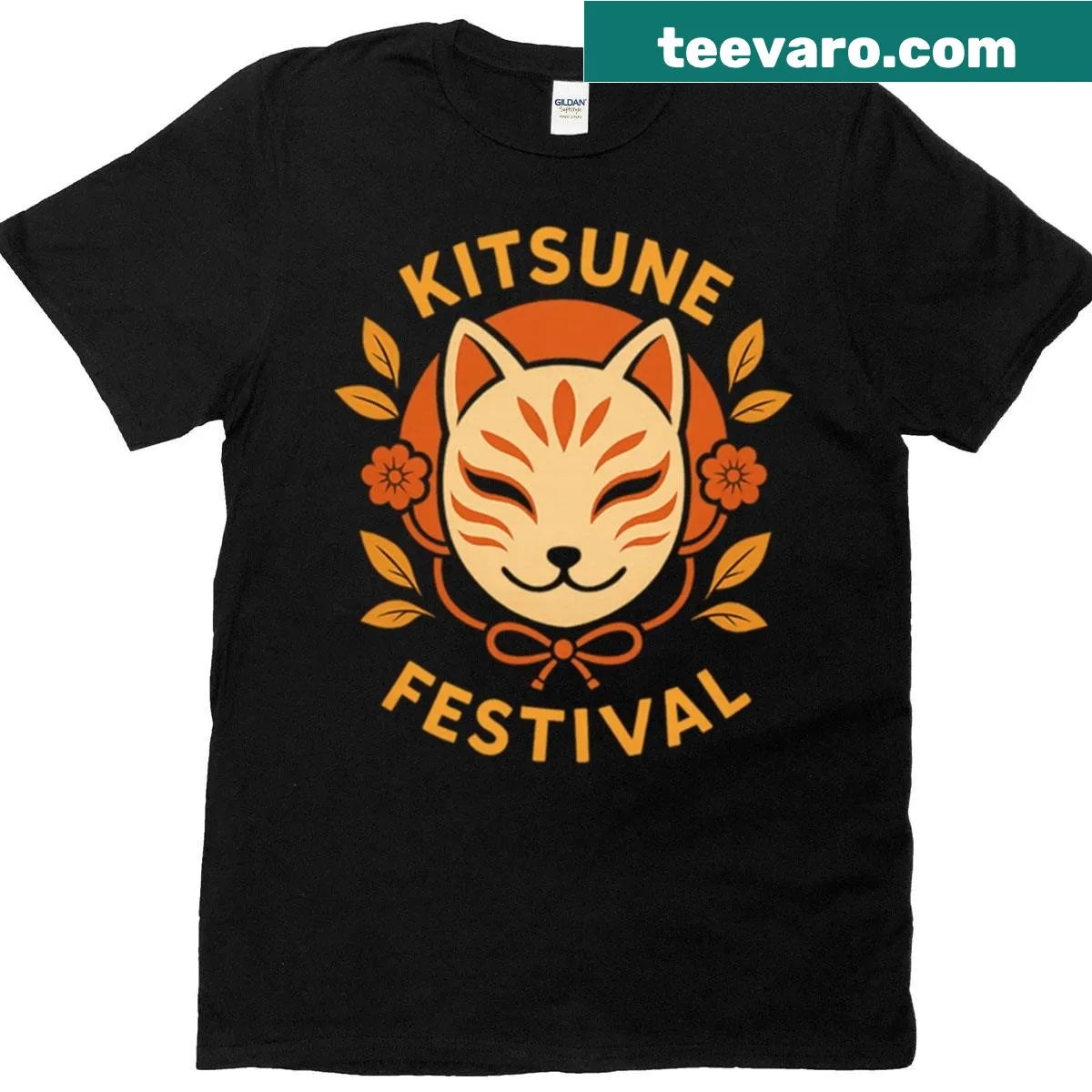 Kitsune festival t-shirt featuring a detailed fox mask illustration — on a men's t-shirt