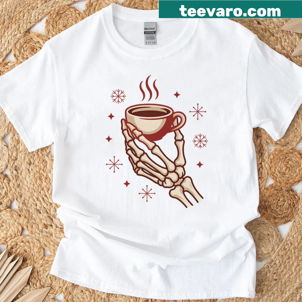 Minimalist holiday coffee t-shirt with a festive cheer slogan — on a men's t-shirt
