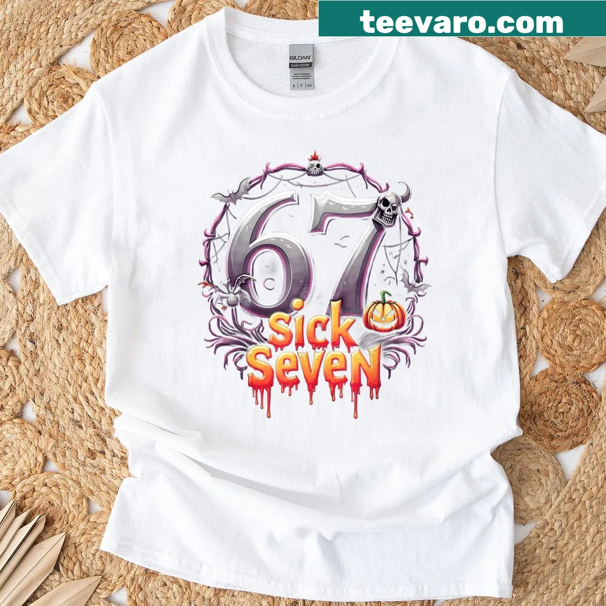 Meme design featuring Fun Six Seven 6 7 humor for Halloween. — on a men's t-shirt