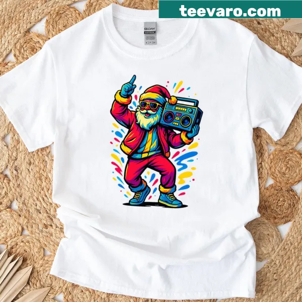 Playful Santa t-shirt featuring a cartoon Santa with a boombox