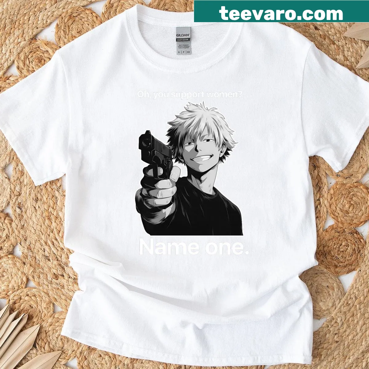Anime-themed T-shirt with a humorous and feminist message. — on a men's t-shirt