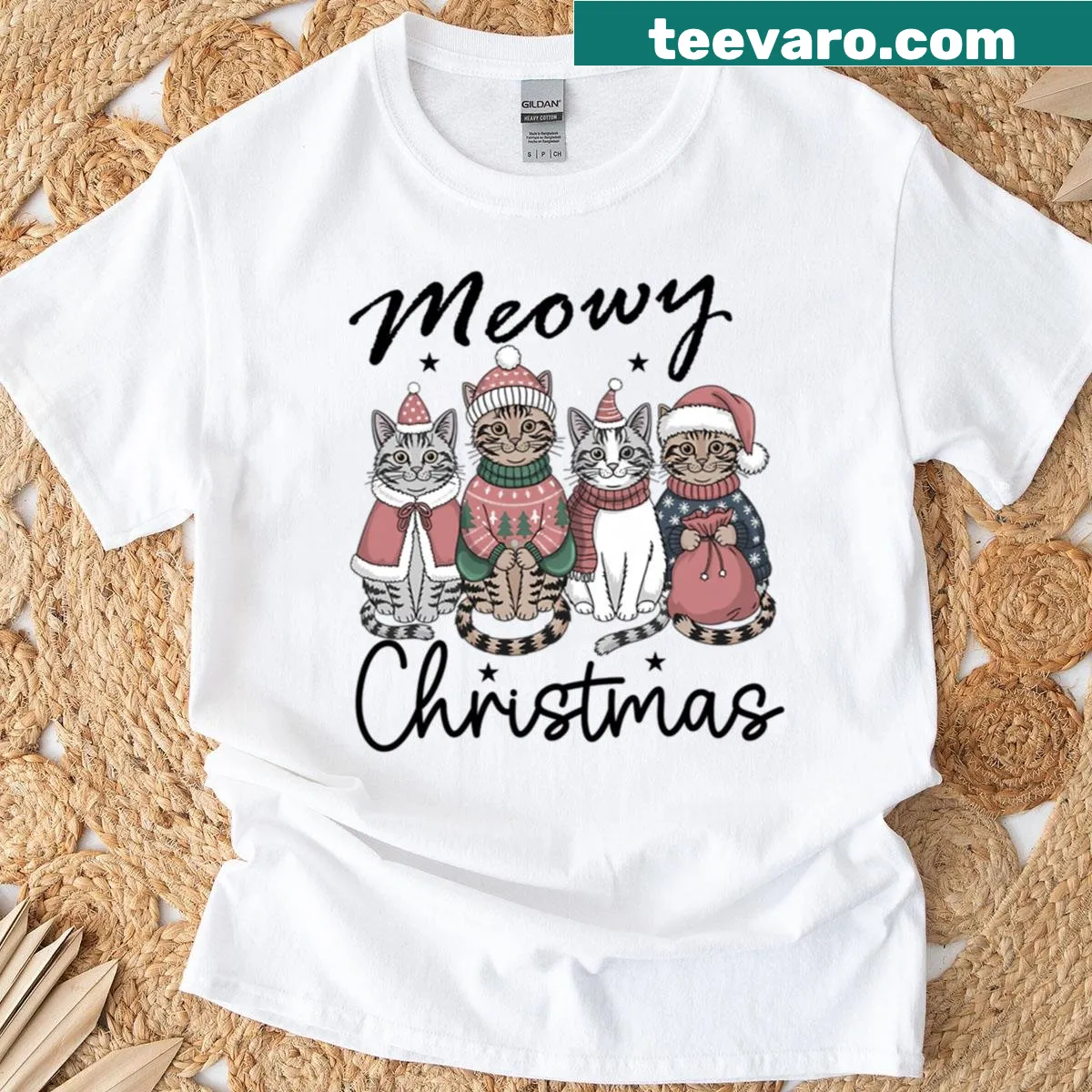 Holiday-themed cat lover t-shirt with 'Meowy Christmas' graphic — on a men's t-shirt